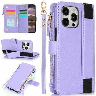 For iPhone 12 Pro Max Wristband Holder Zipper Purse RFID Leather Phone Case(Purple)