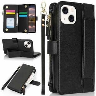 For iPhone 13 mini Wristband Holder Zipper Purse RFID Leather Phone Case(Black)