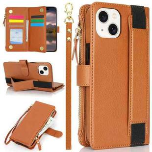 For iPhone 13 mini Wristband Holder Zipper Purse RFID Leather Phone Case(Brown)