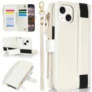 For iPhone 13 mini Wristband Holder Zipper Purse RFID Leather Phone Case(White)