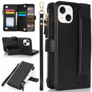 For iPhone 14 / 13 Wristband Holder Zipper Purse RFID Leather Phone Case(Black)