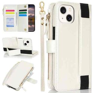 For iPhone 14 / 13 Wristband Holder Zipper Purse RFID Leather Phone Case(White)