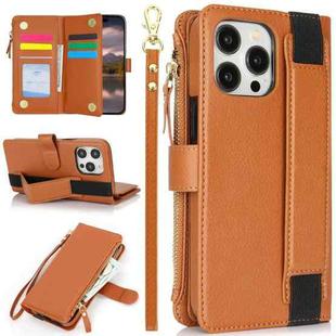 For iPhone 13 Pro Wristband Holder Zipper Purse RFID Leather Phone Case(Brown)