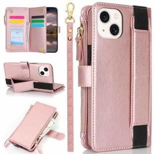 For iPhone 14 Plus Wristband Holder Zipper Purse RFID Leather Phone Case(Rose Gold)