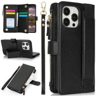 For iPhone 14 Pro Max Wristband Holder Zipper Purse RFID Leather Phone Case(Black)