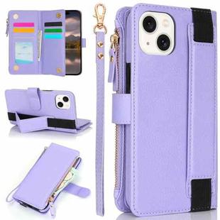 For iPhone 15 Wristband Holder Zipper Purse RFID Leather Phone Case(Purple)