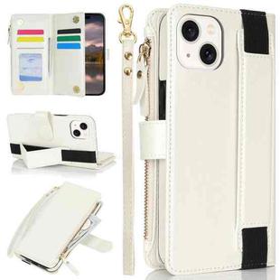 For iPhone 15 Wristband Holder Zipper Purse RFID Leather Phone Case(White)