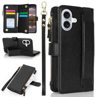 For iPhone 16 Wristband Holder Zipper Purse RFID Leather Phone Case(Black)