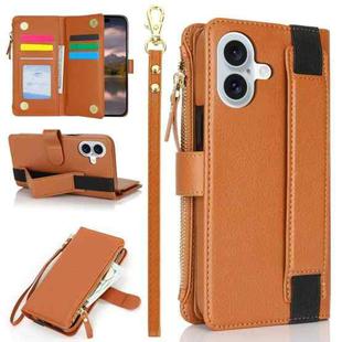 For iPhone 16 Wristband Holder Zipper Purse RFID Leather Phone Case(Brown)