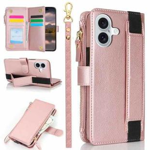 For iPhone 16 Plus Wristband Holder Zipper Purse RFID Leather Phone Case(Rose Gold)