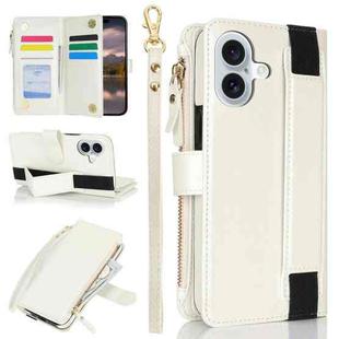 For iPhone 16 Plus Wristband Holder Zipper Purse RFID Leather Phone Case(White)