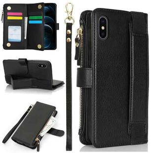 For iPhone XS / X Wristband Holder Zipper Purse RFID Leather Phone Case(Black)