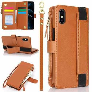 For iPhone XS / X Wristband Holder Zipper Purse RFID Leather Phone Case(Brown)