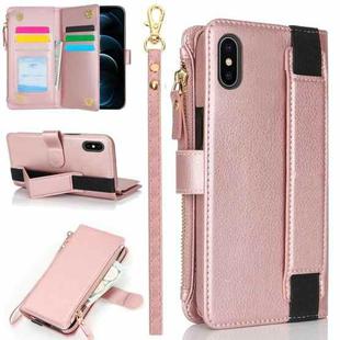 For iPhone XS / X Wristband Holder Zipper Purse RFID Leather Phone Case(Rose Gold)