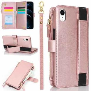 For iPhone XR Wristband Holder Zipper Purse RFID Leather Phone Case(Rose Gold)