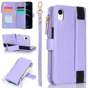 For iPhone XR Wristband Holder Zipper Purse RFID Leather Phone Case(Purple)