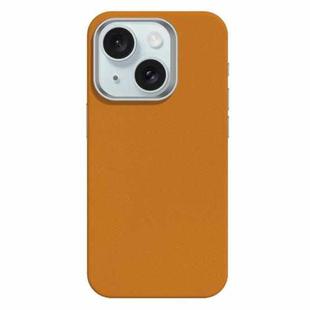 For iPhone 15 Skin Feel Fine Leather Texture Metal Lens Frame MagSafe Phone Case(Ginger)