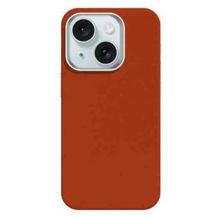 For iPhone 15 Skin Feel Fine Leather Texture Metal Lens Frame MagSafe Phone Case(Orange)