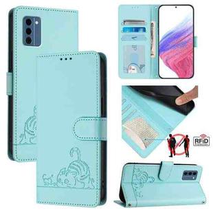 For Nokia C300 Cat Rat Embossed RFID Leather Phone Case with Lanyard(Mint Green)