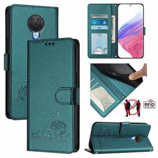 For Nokia G20 / G10 Cat Rat Embossed RFID Leather Phone Case with Lanyard(Peacock Green)