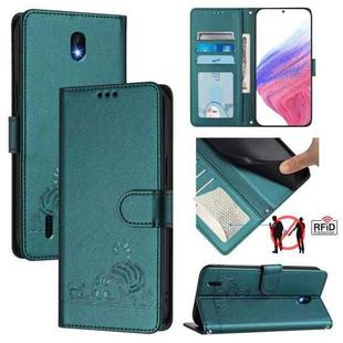 For Nokia C01 Plus / C1 2nd Edition Cat Rat Embossed RFID Leather Phone Case with Lanyard(Peacock Green)