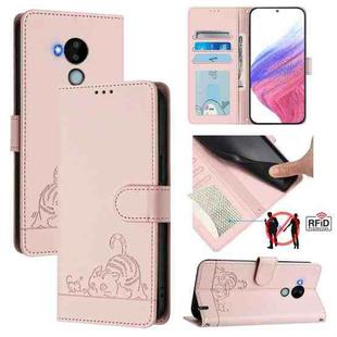 For Nokia C30 Cat Rat Embossed RFID Leather Phone Case with Lanyard(Pink)