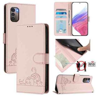 For Nokia G21 / G11 Cat Rat Embossed RFID Leather Phone Case with Lanyard(Pink)