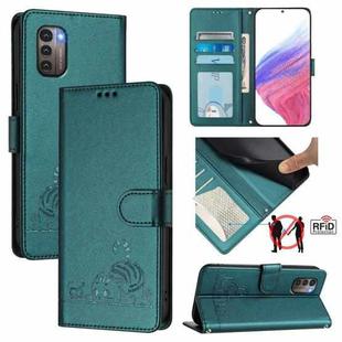 For Nokia G21 / G11 Cat Rat Embossed RFID Leather Phone Case with Lanyard(Peacock Green)