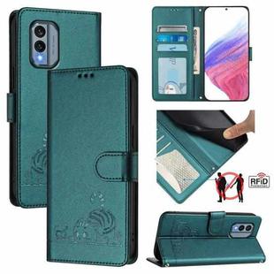 For Nokia X30 5G Cat Rat Embossed RFID Leather Phone Case with Lanyard(Peacock Green)