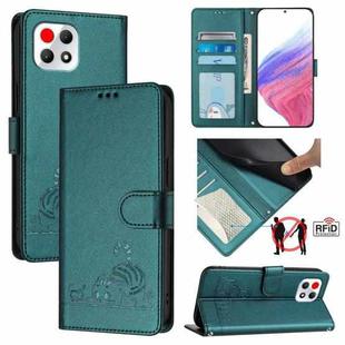 For T-Mobile REVVL 7 5G Cat Rat Embossed RFID Leather Phone Case with Lanyard(Peacock Green)