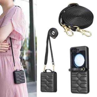 For Samsung Galaxy Z Flip6 V-shaped Crossbody Lanyard Leather Phone Case(Black)