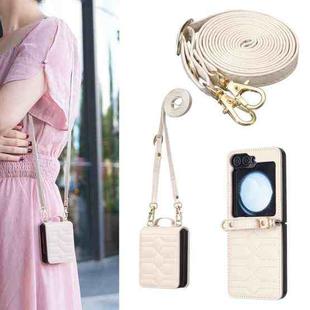 For Samsung Galaxy Z Flip5 V-shaped Crossbody Lanyard Leather Phone Case(Beige)