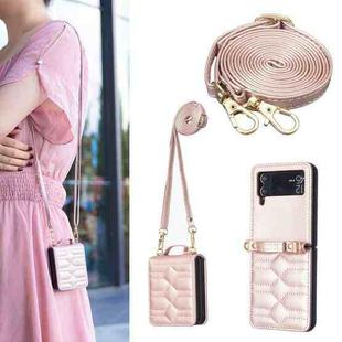 For Samsung Galaxy Z Flip4 V-shaped Crossbody Lanyard Leather Phone Case(Rose Gold)