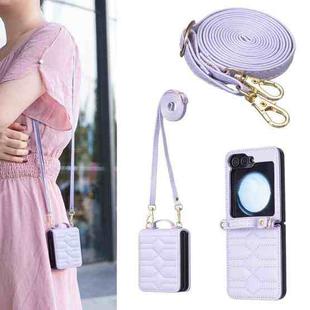For Samsung Galaxy Z Flip7 V-shaped Crossbody Lanyard Leather Phone Case(Purple)