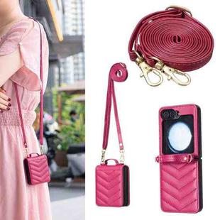 For Samsung Galaxy Z Flip5 Wave-shaped Crossbody Lanyard Leather Phone Case(Rose Red)