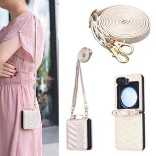 For Samsung Galaxy Z Flip5 Wave-shaped Crossbody Lanyard Leather Phone Case(Beige)