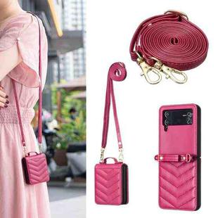 For Samsung Galaxy Z Flip4 Wave-shaped Crossbody Lanyard Leather Phone Case(Rose Red)