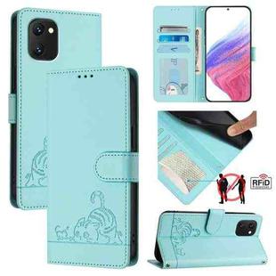 For UMIDIGI Power 7 / Power 7S Cat Rat Embossed RFID Leather Phone Case with Lanyard(Mint Green)