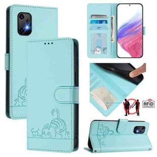 For UMIDIGI Bison X20 Cat Rat Embossed RFID Leather Phone Case with Lanyard(Mint Green)