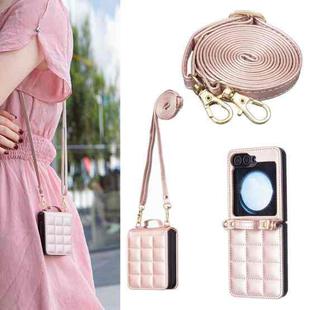 For Samsung Galaxy Z Flip5 Square-shaped Crossbody Lanyard Leather Phone Case(Rose Gold)