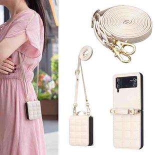 For Samsung Galaxy Z Flip3 Square-shaped Crossbody Lanyard Leather Phone Case(Beige)