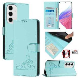 For Samsung Galaxy S24 FE 5G Cat Rat Embossed RFID Leather Phone Case with Lanyard(Mint Green)