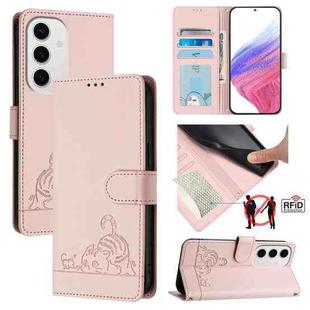 For Samsung Galaxy S24 FE 5G Cat Rat Embossed RFID Leather Phone Case with Lanyard(Pink)