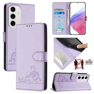 For Samsung Galaxy S24 FE 5G Cat Rat Embossed RFID Leather Phone Case with Lanyard(Purple)