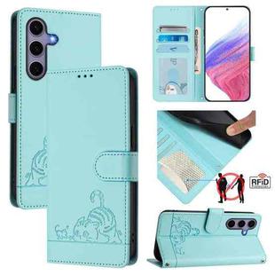 For Samsung Galaxy S25 5G Cat Rat Embossed RFID Leather Phone Case with Lanyard(Mint Green)