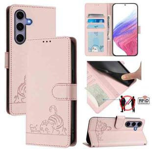 For Samsung Galaxy S25 5G Cat Rat Embossed RFID Leather Phone Case with Lanyard(Pink)