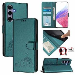 For Samsung Galaxy S25 5G Cat Rat Embossed RFID Leather Phone Case with Lanyard(Peacock Green)