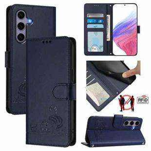 For Samsung Galaxy S25 5G Cat Rat Embossed RFID Leather Phone Case with Lanyard(Blue)