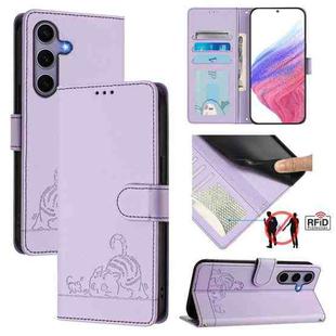 For Samsung Galaxy S25 5G Cat Rat Embossed RFID Leather Phone Case with Lanyard(Purple)