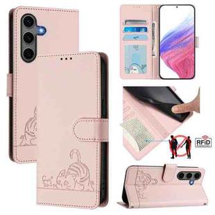 For Samsung Galaxy S25+ 5G Cat Rat Embossed RFID Leather Phone Case with Lanyard(Pink)